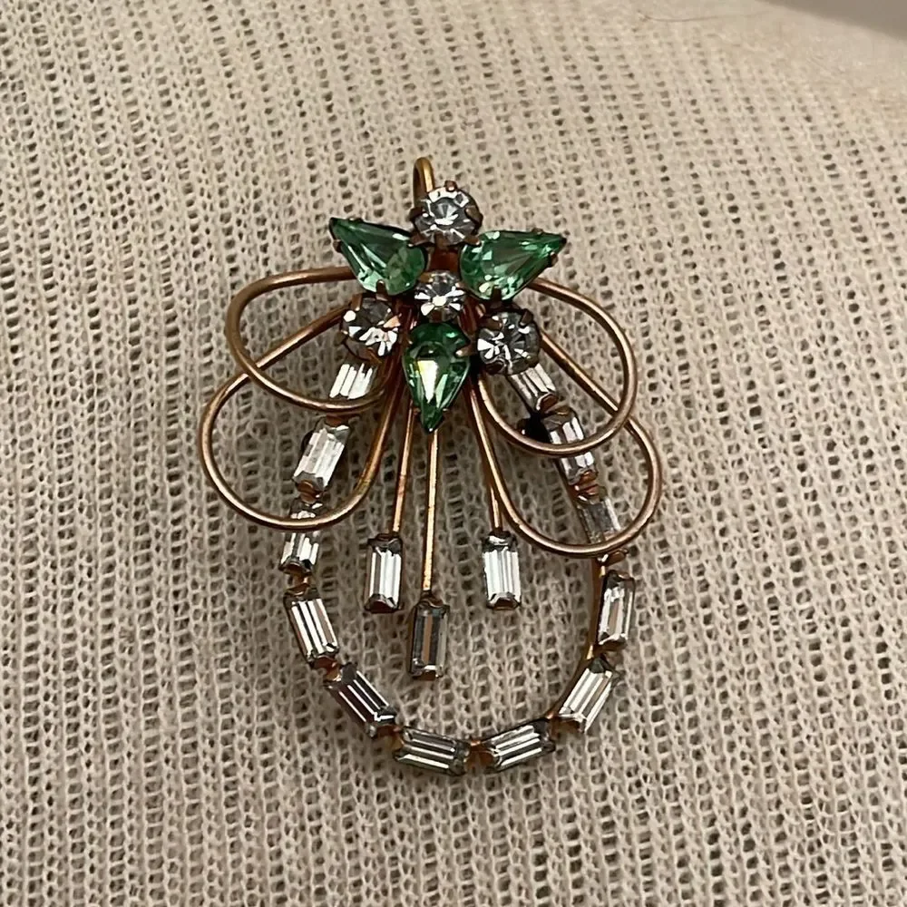 Vintage Ralph Scudieri D'ERI Signed 12K Gold Filled Crystal Brooch Clear & Green